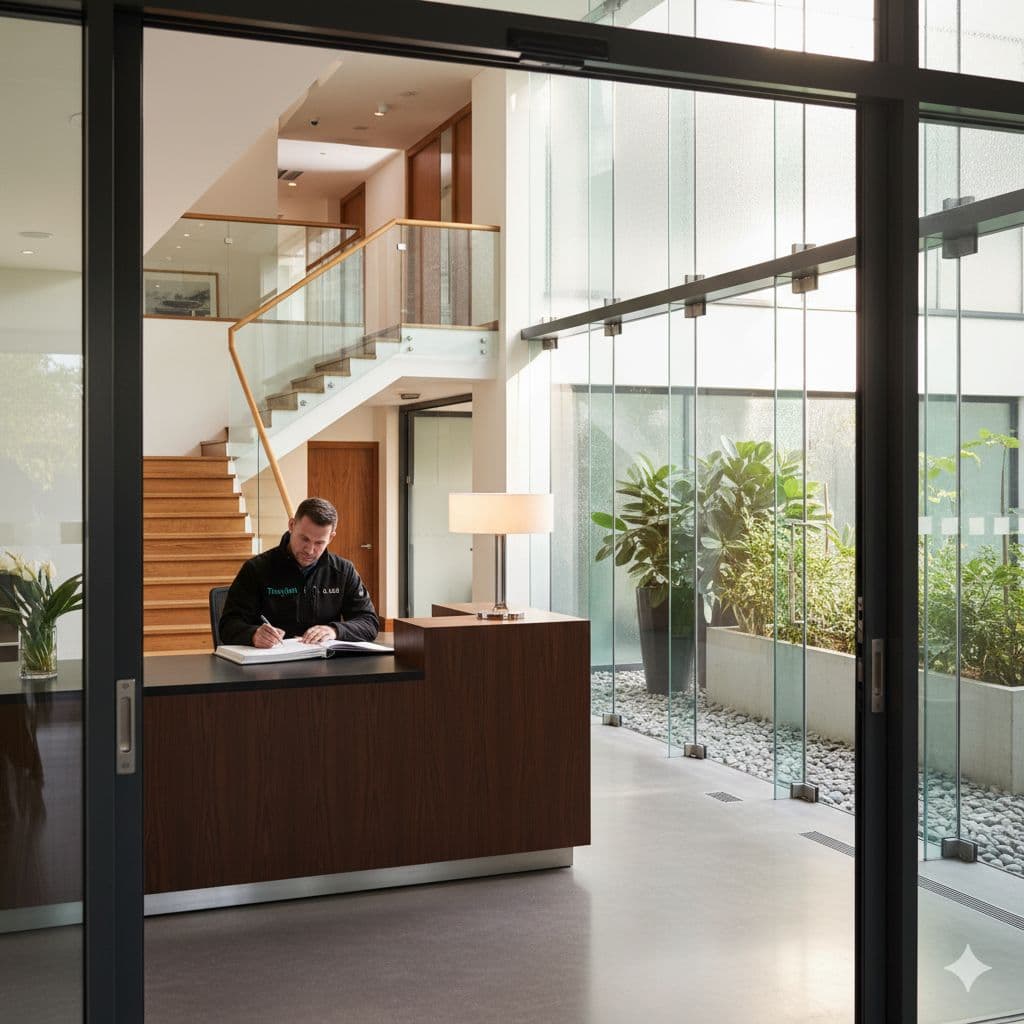 Concierge greeting visitors at a premium lobby